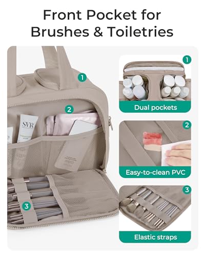 BAGSMART Travel Toiletry Bag, Crush Toiletry Bag for Women, Wide-open Puffy Toiletry Bags for Traveling, Large Travel Cosmetic Makeup Bag Organizer for Accessories,Toiletrie, Grayish Brown