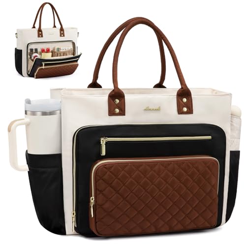 LOVEVOOK Teacher Tote Bag for Women Work, Laptop Bag With Large Cup Holder, Nurse Bags Professional Briefcase Business Computer Purses Bible Handbag Gifts, Black-Beige-Brown, 15.6 Inch