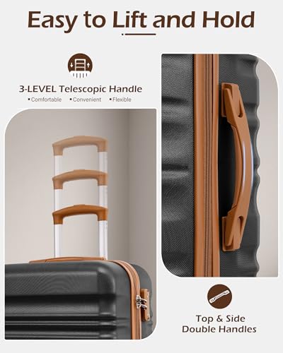 LONG VACATION 6 Piece Luggage Set Carry on Suitcase with ABS+PC hardshell, Spinner Wheels & YKK Zipper TSA Lock (BLACK-BROWN, 6 piece set)