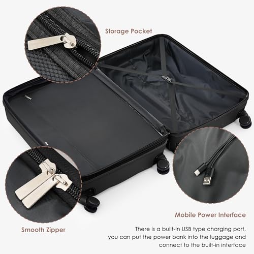 Merax USB Port 3pc ABS Hardside Luggage Sets Expandable Spinner Wheels, All Black, 20/24/28 Inch