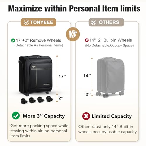 Tonyeee Softside Carry on Luggage Airline Approved, 17 Inch Underseat Carry-on Luggage with Removable Spinner Wheels, Small Personal Item Suitcase for Travel Business (Black, 17 inch_Underseat)