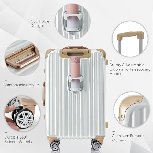 Merax 24 Inch Aluminum Frame Luggage with USB port, Vacation Suitcase with Spinner Wheels and TSA Lock, moonlight