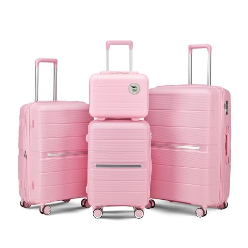 Merax 4 Piece Luggage Set, PP Lightweight Expandable Suitcase with Spinner Wheels and TSA Lock, 14”20”24”28”, Pink