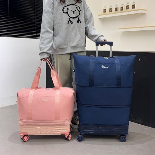 Dufanxi Expandable Rolling Travel Bag with Removable Wheels & Handle, Large Capacity Wheeled Duffle Tote, Foldable Carry On Luggage for Women, Lightweight Weekender Overnight Bag (Pink)