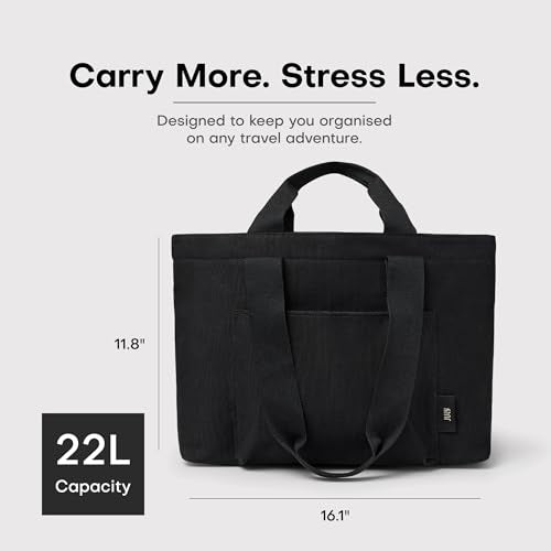July Everyday Large Tote Bag for Women with Laptop Sleeve, Pass-Through Band, Luggage Sleeve, Drink Bottle Holder, Simple Modern Tote Bag for Travel, Work, Commute & Daily Use - 22L - Black