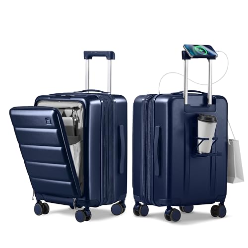ISLAND ELEPHANT 20IN Carry On Luggage Airline Approved - Expandable Hardside Suitcase with 16" Laptop Compartment, Cup Holder, Phone Mount, USB Port,TSA Lock, 360°Spinner Wheels (Navy Blue)