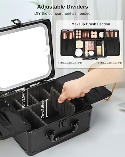 Relavel Makeup Bag with LED Mirror, Makeup Box Travel Train Case with Rechargeable Lighted Mirror & Adjustable Dividers, Cosmetic Brush Organizer Storage for Makeup Artists Gifts for Women and Girls