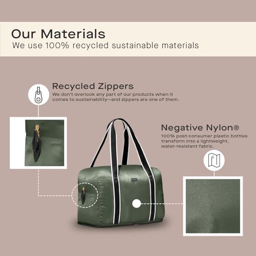 Foldable Duffle Bag for Travel | Lightweight, Water-Resistant Carry On Bag | Sustainable and Durable Nylon, Safari Green