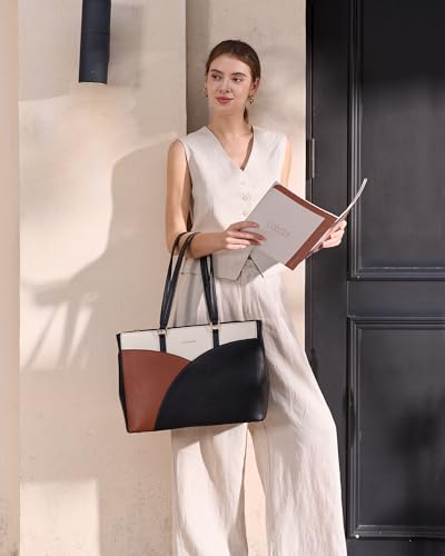 LOVEVOOK Laptop Bag for Women,15.6 Inch Work Teacher Bags Leather Tote Bag Briefcase Waterproof Computer Bag for Women，Black-White-Brown