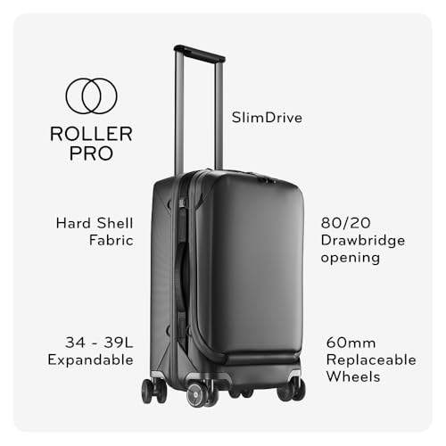 Peak Design Roller Pro Carry-On, Black, Expandable Small Suitcase with Wheels, Carbon Fiber Handle, Drawbridge Opening, Hybrid Soft/Hard Shell, Custom Hardware, Fits XL Camera Cube or Packing Cubes