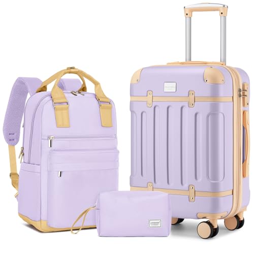 LARVENDER Luggage Sets 3 Piece Expandable Carry on Luggage 22x14x9 Airline Approved Hardshell Suitcase with Wheels TSA Lock, Lightweight Suitcase Set for Women with Travel Backpack, Lavender
