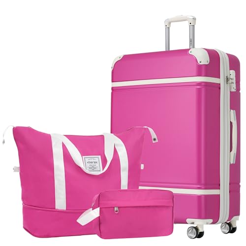 Merax Suitcase Set 24 inches Expandable Luggage with TSA Lock Spinner Wheels Hardshell Lightweight Vintage Luggage with Travel Bag,Pink