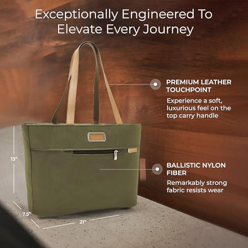 Briggs & Riley Traveler Tote Bag for Women & Men - Nylon Tote Bag for Weekend Travel & Work, Carry On Handbag, Smooth Zipper Closure, Leather Touchpoint - Baseline Collection, Olive