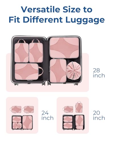 BAGSMART Compression Packing Cubes for Travel, Compressible Luggage Organizer for Cruise Ship, Lightweight Travel Essentials 6-Pack 1L+2M+2S+1Shoe Bag, Pink
