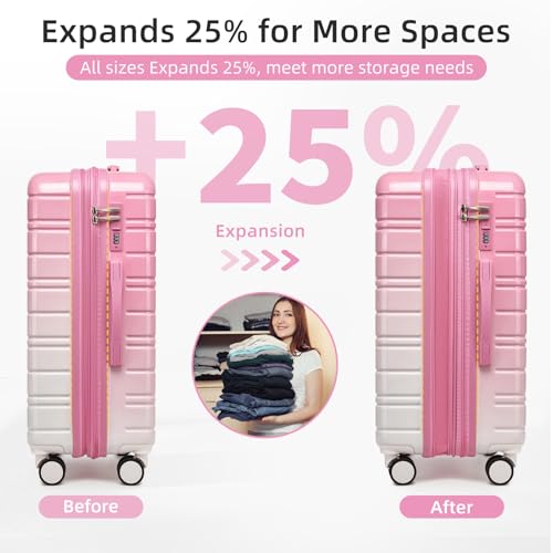 LARVENDER Luggage Sets 5 Piece Hardside Expandable Suitcase with Wheels Lock,PC+ABS Hardside Lightweight Rolling Suitcase for Women and Men,Peach Sparkling