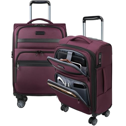 KROSER Softside Expandable Carry On Luggage with Front Business Pockets，20 Inch Suitcases with Spinner Wheels & Built-in TSA Lock, Durable Suitcase Rolling Luggage with USB Port, Burgundy