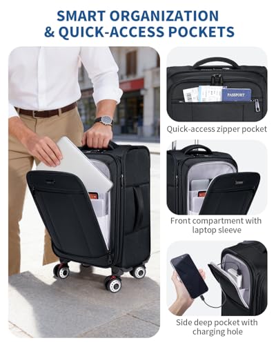 ECOHUB Carry On Luggage Airline Approved, 21 Inch Height Softside Carry On Suitcase with Spring Shock-Absorbing Spinner Wheels, Lightweight Travel Luggage with TSA Lock, Fits 22x14x9 Carry-On Bag