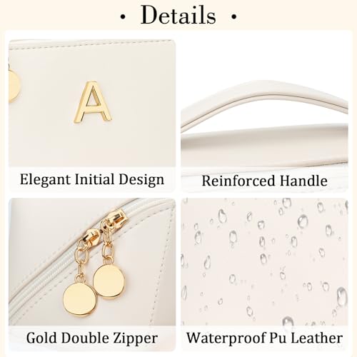 CLOUDWINGS Birthday Gifts for Women Teen Girl, Personalized Initial Makeup Organizer Bag Set, Open Flat Travel Cosmetic Bag With Clear Divider and Handle(Beige,A)