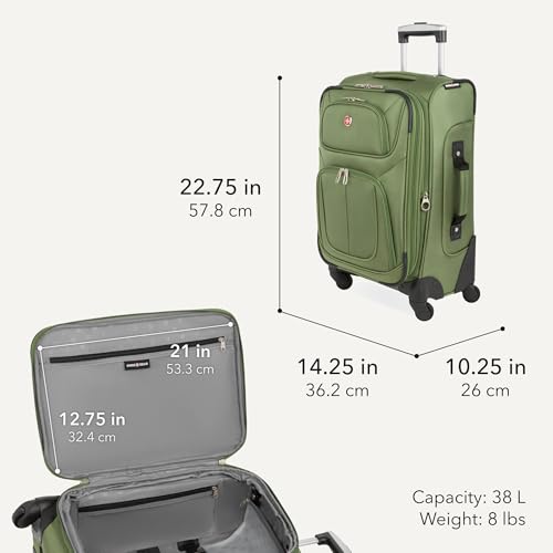 SWISSGEAR Sion Softside Expandable Spinner Luggage Durable Lightweight Travel Suitcase, Evergreen, Carry-On
