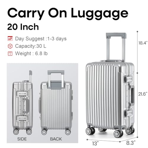 VATILIN 20 Inch Aluminum Frame Hardside Carry On Luggage, Airline Approved Zipperless Lightweight Suitcase with Spinner Wheels & TSA Lock for International Travel & Business, Silver