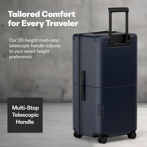 July Checked 80/20 with CaseSafe - 28.8" Built in Tracking, Airline Approved Check In Luggage with Wheels, Spinner Suitcase for Men & Women - Rolling Suitcase, Spinner Wheels, Y-Strap - Navy