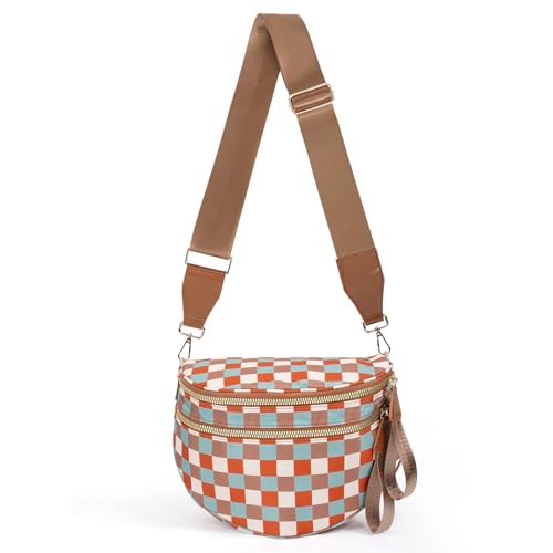 Jooniter Checkered Crossbody Bag Nylon Bum Bags for Women Spacious Handbags Purse Fanny Packs with Shoulder Strap (Multicolor Checkered)