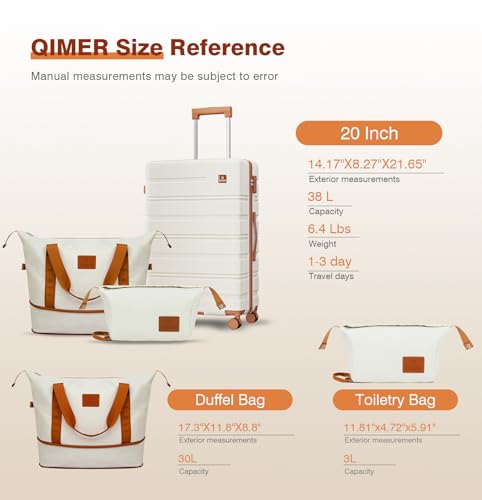 QIMER Carry on Luggage Set, 20 Inch Suitcase with 100% PC hardshell, Lightweight TSA Locks Quiet Spinner Wheels Durable Zipper, Suitable for Men and Women, Y01 Beige(20"/DB/TB) Slightly Small
