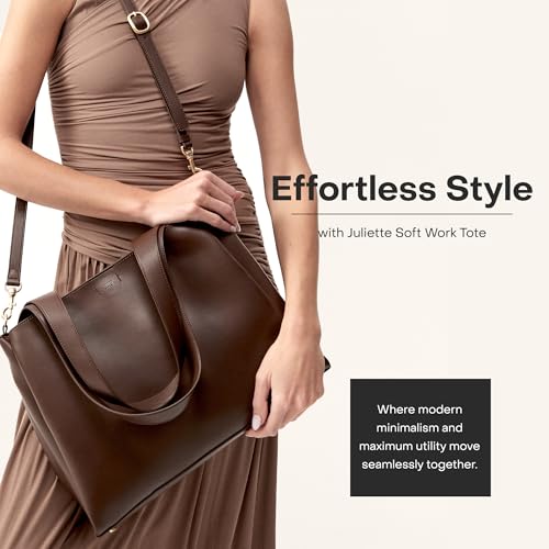 July Juliette Soft Work Tote - Tote Bag for Women with Laptop Sleeve, Detachable Crossbody Strap, Pass-Through Band, Drink Bottle Holder, Modern Tote Bag for Work & Travel, 18L - Chocolate Brown