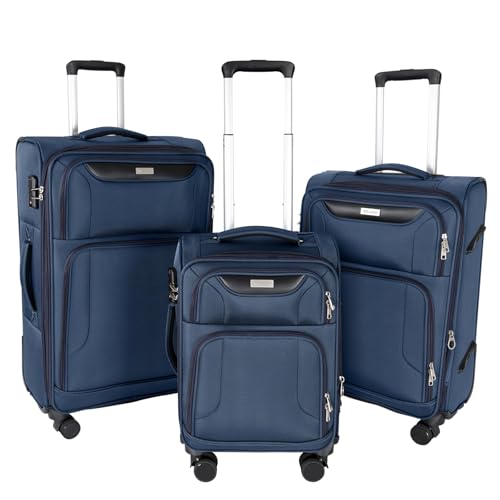 WireHot 3-Piece Softside Expandable Luggage Set with Front Open Pocket, Lightweight and Durable Oxford Fabric Suitcase Set with TSA Lock (Blue, 20in/24in/28in)