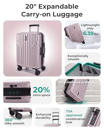 BAGSMART Carry On Luggage 22x14x9 Airline Approved, luggage with Spinner Wheels, 20 Inch Expandable Hardside Carry On Suitcase with TSA Lock Rolling Travel suitcase Carry-On, Pink Lavender