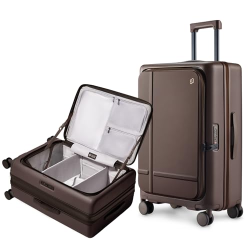 NINETYGO Medium Checked Luggage 25 Inch, Flat Top Opening Check In Luggage with Cup Holder, Expandable, Coffee-Infused PC Hard Shell, Eco-Friendly, TSA Lock, 360° Spinner Wheels (Americano)