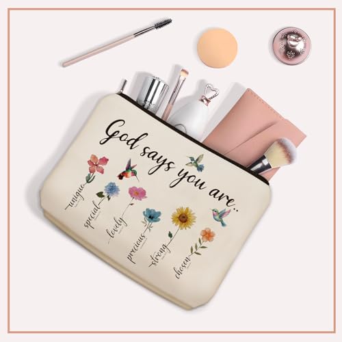 Girlly Christian Mom Gifts For Women, God Says You Are Scripture Makeup Bag, Inspirational Bible Verse Cosmetic Bag, Affirmations & Encouragement Gifts, Flower Bird Themd Pouch for Women Girls.