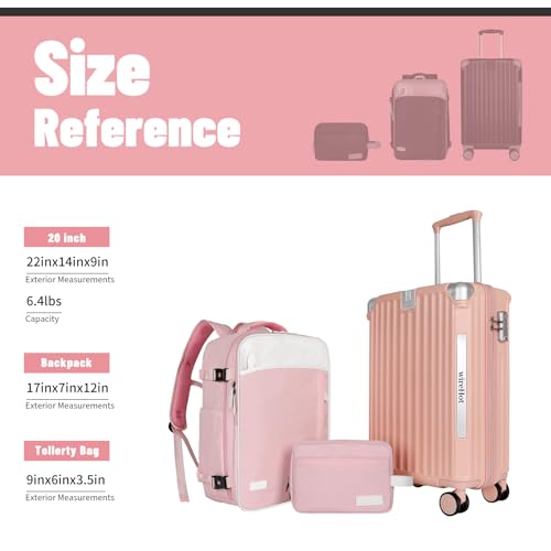 WireHot 22x14x9 Airline Approved Vintage Style Carry On Luggage with Backpack Sets for Women, ABS+PC Hardshell Small 20 inch Retro Suitcase with Protective Cover & Tag (Pink, 20in/BP/TB)