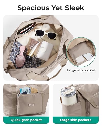 BAGSMART Foldable Travel Bag, 37L Expendable Personal Item Bag, Lightweight Weekender Bags for Women, Water Resistant Extra Carry on for Travel, Camel