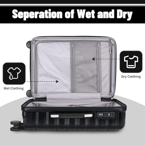 WireHot Lightweight Luggage with Spinner Wheels & YKK Zipper, Hard Shell 3-Piece Suitcase ABS+PC Hardside Luggage Set with TSA Lock for Men Travel, Black (20+24+28 inch)