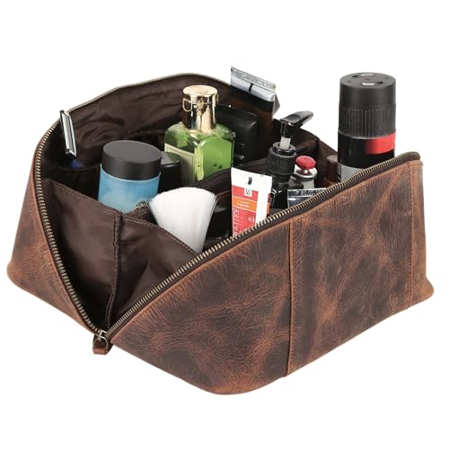 KomalC Luxury Leather Men’s Toiletry Travel Bag – Handmade Shaving Kit with Waterproof Interior, Spacious Storage & Carry Handle – leather travel Kit Bag for Men & Women (Dark Brown)