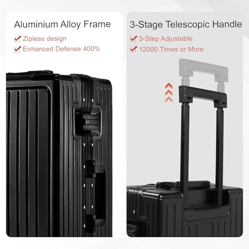 VentureVault Carry On Luggage 20 Inch, Aluminum Frame Zipperless Luggage, ABS+PC Hard Shell Suitcases, Carry On with Compartment for Short Trips, Suitcase Carry-on TSA Approved (Black)