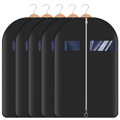 Hleelomi 5 Pack 40-inch Suit Bag Garment Bag for Travel and Storage, Garment Bags for Hanging Clothes with Zipper and Visible Transparent Window, Black