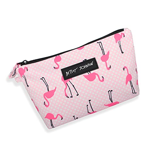 Betsey Johnson 8.5 Inch Zipper Cosmetic Pouch Small Toiletry Bag–Lightweight Durable Polyester Organizer with Inner Zipped Pocket Good For Makeup Accessories and Travel Needs (Flamingo Strut)
