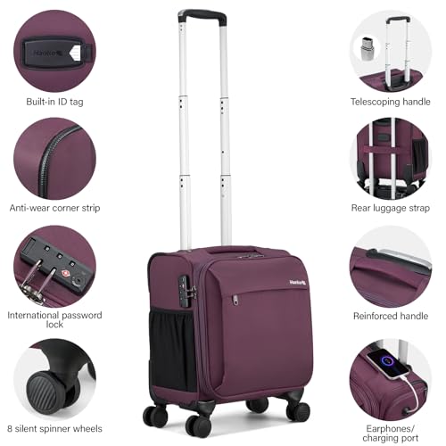 Hanke 16 Inch Underseat Carry On Luggage with Wheels Small Suitcase Softside Luggage Bags, 17.5 Foldable Lightweight Personal Item Travel Bags for Women Men(Purple)