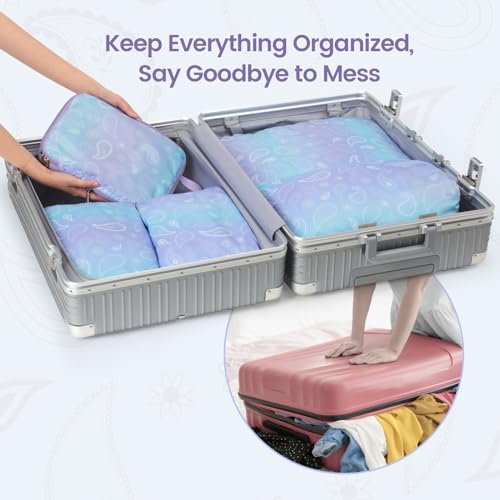 Cambond Compression Packing Cubes Travel - 5 Set Packing Cubes for Carry on Suitcases, Lightweight Expandable Luggage Organizers Space Saver Compression Cubes with Laundry Bag, Blue Purple Gradient