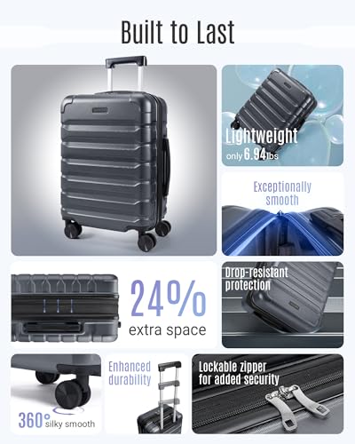LIGHT FLIGHT Carry On Luggage 22x14x9 Airline Approved, Expandable Carry On Suitcases with Wheels, Lightweight Luggage, Durable Hard Shell 20 Inch Rolling Suit Case for Men Women Travel, Gray