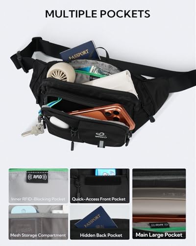 WATERFLY Fanny Pack Waist Bag: 3L Waist Pack with Anti-Theft RFID Blocking, 9 Pockets & Adjustable Belt Water Resistant Hip Pack for Women Men Travel Hiking Running