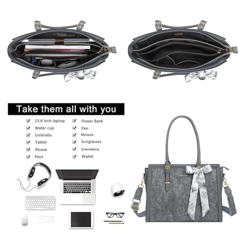 MOSISO Laptop Bag for Women, 15.6-16 inch PU Leather Tote Bag Compatible with MacBook, HP, Dell, Asus Notebook, Front Embossed Retro Hibiscus Computer Bags with Silk Scarf&Clutch Purse, Gray