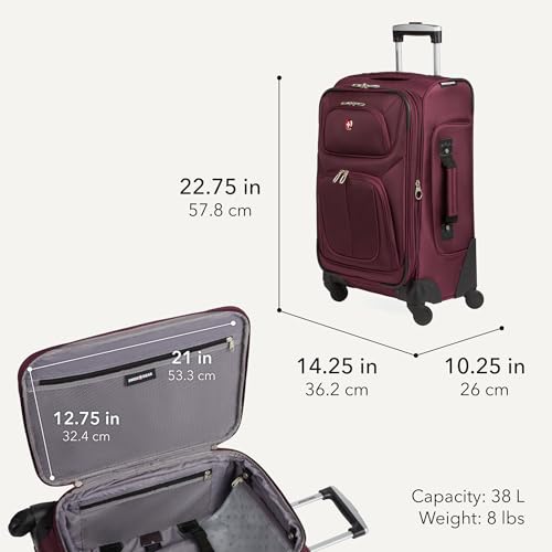 SWISSGEAR Sion Softside Expandable Spinner Luggage Durable Lightweight Travel Suitcase, Merlot, Carry-On