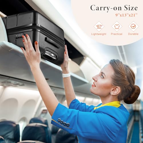 Sweetcrispy 20 Inch Carry On Luggage, Lightweight ABS Rolling Hard Shell Suitcase with Quiet Spinner Wheels, Built-in TSA Lock, Portable Travel Suitcase for Business Trip & Vacation Use, Black