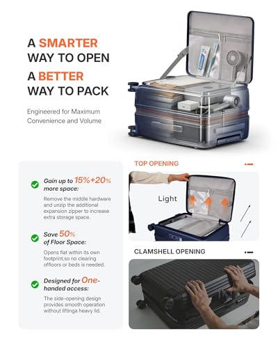 ISLAND ELEPHANT Expandable 20Inch Carry On Luggage Airline Approved - Top Opening Hardside Travel Suitcase Unbreakable -with Cup Holder,USB Charge,Side Pothook, 360°Spinner Wheels, TSA Lock-Navy Blue