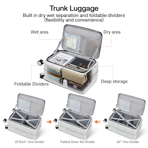 Hanke 24 Inch Checked Luggage with Cup Holder and USB Ports,Top Opening Hard Shell Suitcase with Wheels,Aluminum Frame Trunk Luggage with Foldable Dividers & TSA Lock for Travel, Smoke White