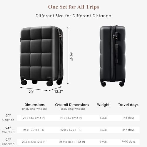 Merax USB Port 3pc ABS Hardside Luggage Sets Expandable Spinner Wheels, All Black, 20/24/28 Inch