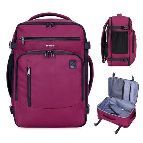 ECOHUB 17" Small Travel Backpack, United Airlines Personal Item Bag 17x10x9 with 16 Pockets, Water Resistant Rucksacks Fit 15.6" Laptop, AirTag Pocket, Lightweight Casual Daypack, 25L, Red